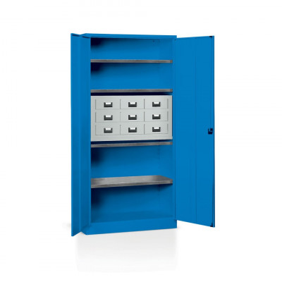 E208B Hinged doors cabinet with 4 adjustable shelves/1 drawer unit with 9 drawers mm. 1000Lx400Dx2000H