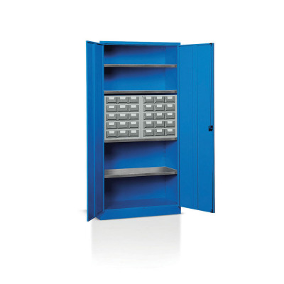 E214B Cabinet with hinged doors 4 floors and 2 drawer unit with 15 drawers mm. 1000Lx400Dx2000H Blue.