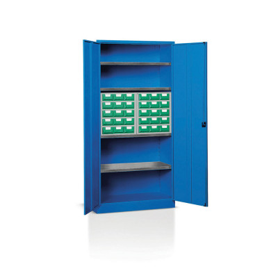 E218B Cabinet with hinged doors 4 floors and 2 drawer unit with 15 drawers mm. 1000Lx400Dx2000H Blue.