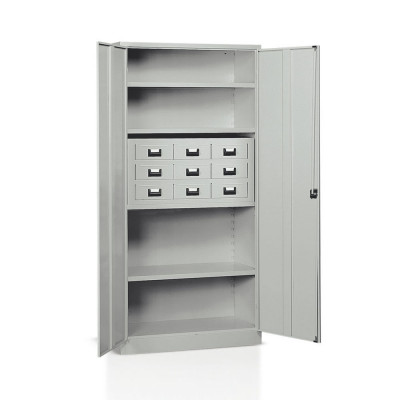 Cabinet with hinged doors 4 floors and 1 drawer unit with 9 drawers mm. 1000Lx400Dx2000H Grey.