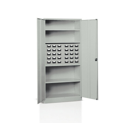 Cabinet with hinged doors 4 floors and 2 drawer unit with 15 drawers mm. 1000Lx400Dx2000H Grey.