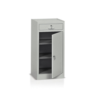 Hinged door cabinet with 2 shelves and 1 box mm. 500Lx400Dx1000H. Grey.