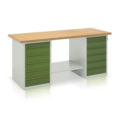 BT1030GV Bench with wooden top, 2 draw units with 6 drawers mm. 2000Lx750Dx900H. Grey/green.