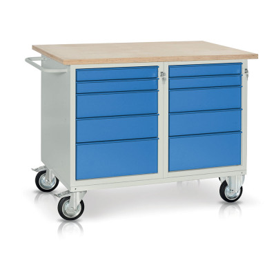 Bench with birch top and 2 drawer units with drawers mm. 1200Lx750Dx940H. Grey-blue.