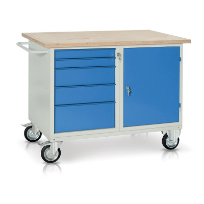 Bench with birch top and 1 drawer unit with drawers mm. 1200Lx750Dx940H. Grey-blue.