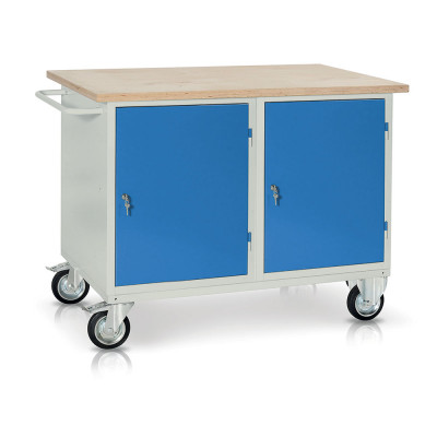 Bench with birch top and 2 deep drawers mm. 1200Lx750Dx940H. Grey/blue.
