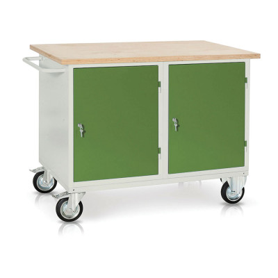 Bench with birch top and 2 deep drawers mm. 1200Lx750Dx940H. Grey/green.