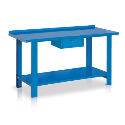Bench with top in sheet metal and drawer mm. 1500Lx670Dx860H. Blue.