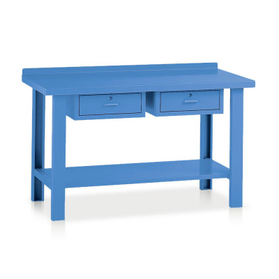 Bench with top in sheet metal and 2 drawers mm. 1500Lx750Dx885H. Blue.