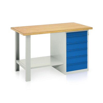 Bench with wooden top, 1 drawer unit, 6 drawers mm. 1500Lx750Dx900H. Grey/blue.