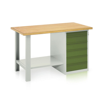 BT1000GV Bench with wooden top, 1 drawer unit, 6 drawers mm. 1500Lx750Dx900H. Grey/green.