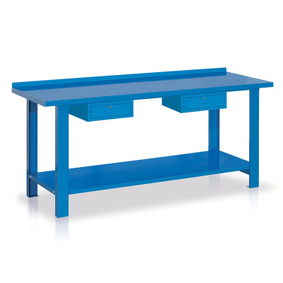 Bench with top in sheet metal and drawer mm. 2000Lx670Dx860H. Blue.