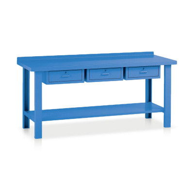 Bench with top in sheet metal and 3 drawers mm. 2000Lx750Dx885H. Blue.