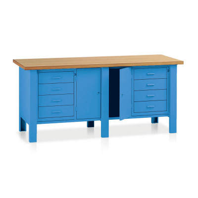BT430B Bench with wooden top and 2 drawers mm. 2000Lx750Dx900H. Blue.
