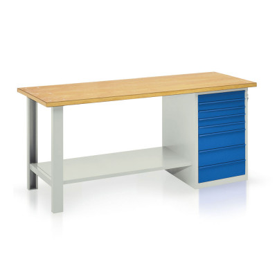 Bench with wooden top, 1 drawer unit, 8 drawers mm. 2000Lx750Dx900H. Grey-blue.
