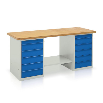 Bench with wooden top, 2 draw units with 6 drawers mm. 2000Lx750Dx900H. Grey/blue.