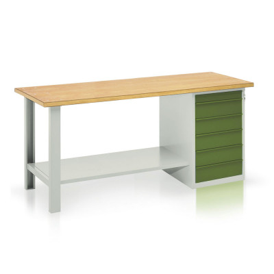 BT1015GV Bench with wooden top, 1 drawer unit, 6 drawers mm. 2000Lx750Dx900H. Grey-green.