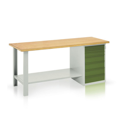 BT1020GV Bench with wooden top, 1 drawer unit, 7 drawers mm. 2000Lx750Dx900H. Grey/green.