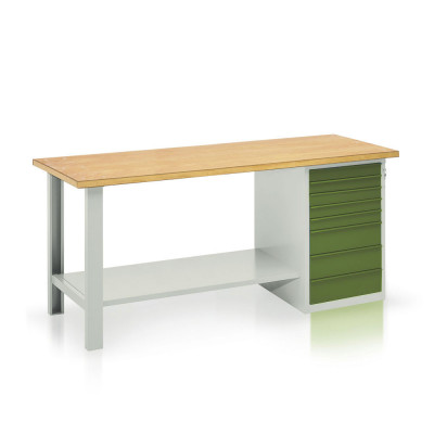 BT1025GV Bench with wooden top, 1 drawer unit, 8 drawers mm. 2000Lx750Dx900H. Grey-green.