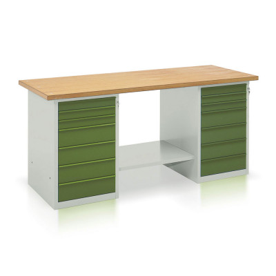 Bench with wooden top, 2 draw units with 7 drawers mm. 2000Lx750Dx900H. Grey/green.
