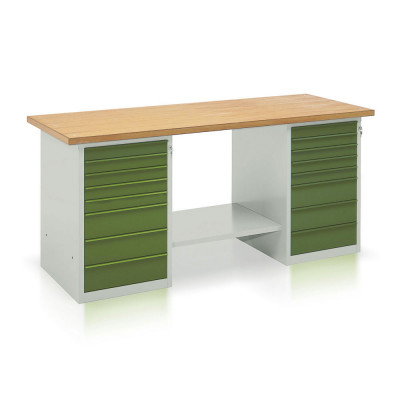 BT1040GV Bench with wooden top, 2 draw units with 8 drawers mm. 2000Lx750Dx900H. Grey/green.