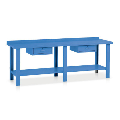 Bench with top in sheet metal and 2 drawers mm. 2500Lx750Dx885H. blue.