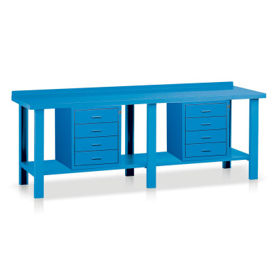 Workbench with top in sheet metal 2 chests of drawers mm. 2500Lx750Dx885H. Blue.