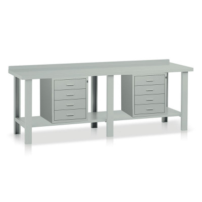 Workbench with top in sheet metal 2 chests of drawers mm. 2500Lx750Dx885H. Grey.