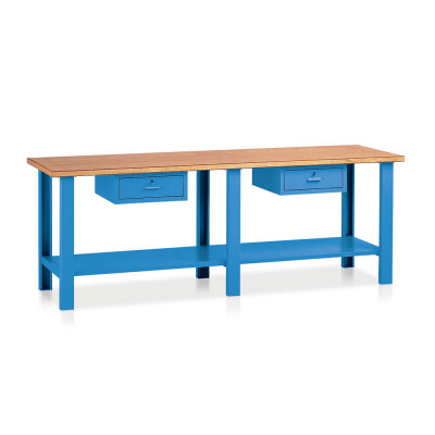 BT358B Bench with wooden top and 2 drawers mm. 2500Lx750Dx900H. Blue.
