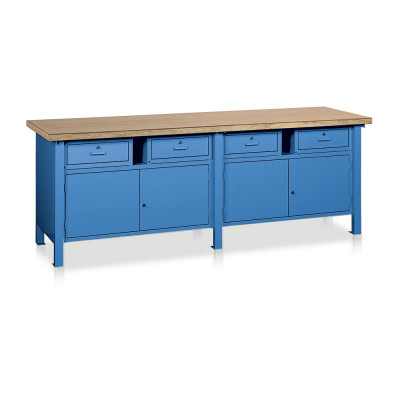 Bench with wooden top and 2 compartments and 4 drawers mm. 2500Lx750Dx900H. Blue.