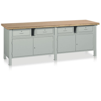 BT432 Bench with wooden top and 2 compartments and 4 drawers mm. 2500Lx750Dx900H. Grey.