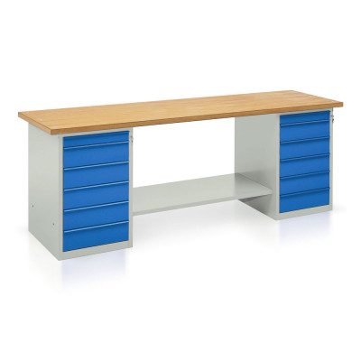Bench with wooden top, 2 draw units with 6 drawers mm. 2500Lx750Dx900H. Grey/blue.