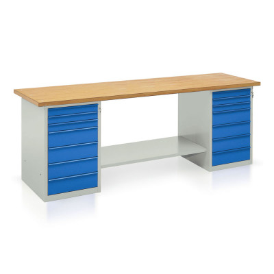 Bench with wooden top, 2 draw units with 7 drawers mm. 2500Lx750Dx900H. Grey/blue.