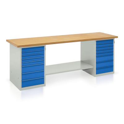Bench with wooden top, 2 draw units with 8 drawers mm. 2500Lx750Dx900H. Grey/blue.