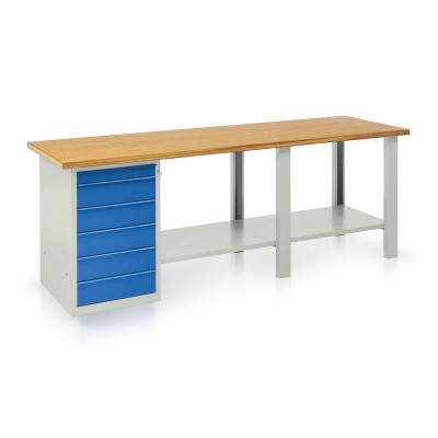 Bench with wooden top, 1 drawer unit, 6 drawers mm. 2500Lx750Dx900H. Grey/blue.
