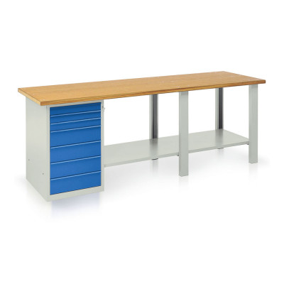 Bench with wooden top, 1 drawer unit, 7 drawers mm. 2500Lx750Dx900H. Grey/blue.