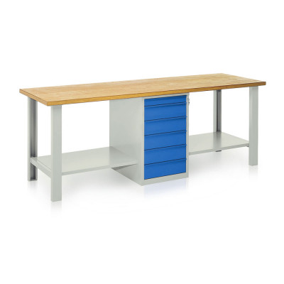 Bench with wooden top, 1 drawer unit, 6 drawers mm. 2500Lx750Dx900H. Grey/blue.