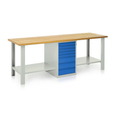 BT1115GB Bench with wooden top, 1 drawer unit, 8 drawers mm. 2500Lx750Dx900H. Grey/blue.