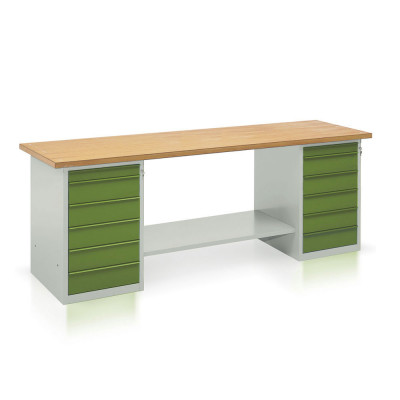 BT1060GV Bench with wooden top, 2 draw units with 6 drawers mm. 2500Lx750Dx900H. Grey/green.