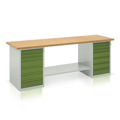 Bench with wooden top, 2 draw units with 7 drawers mm. 2500Lx750Dx900H. Grey/green.