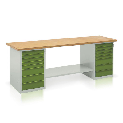 Bench with wooden top, 2 draw units with 8 drawers mm. 2500Lx750Dx900H. Grey/green.