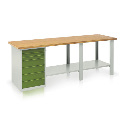 Bench with wooden top, 1 drawer unit, 7 drawers mm. 2500Lx750Dx900H. Grey/green.