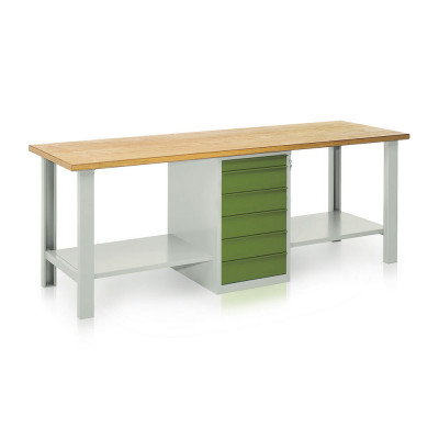 BT1105GV Bench with wooden top, 1 drawer unit, 6 drawers mm. 2500Lx750Dx900H. Grey/green.