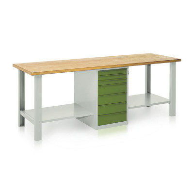 BT1110GV Bench with wooden top, 1 drawer unit, 7 drawers mm. 2500Lx750Dx900H. Grey/green.