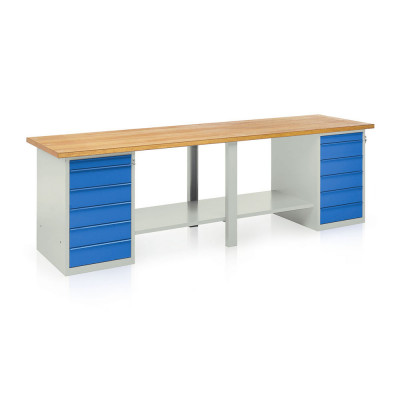 Bench with wooden top, 2 draw units with 6 drawers mm. 3000Lx750Dx900H. Grey/blue.