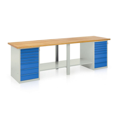 Bench with wooden top, 2 draw units with 8 drawers mm. 3000Lx750Dx900H. Grey/blue.