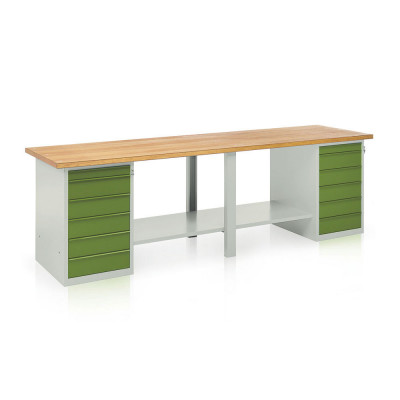 Bench with wooden top, 2 draw units with 6 drawers mm. 3000Lx750Dx900H. Grey/green.