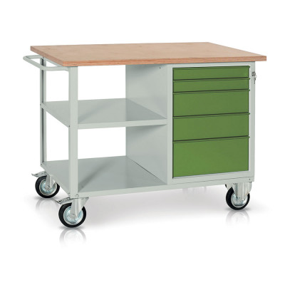 Bench with birch top and 1 drawer unit mm. 1200Lx750Dx940H. Grey/green.