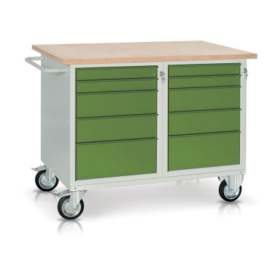 Bench with birch top and 2 drawer units with drawers mm. 1200Lx750Dx940H. Grey-green.