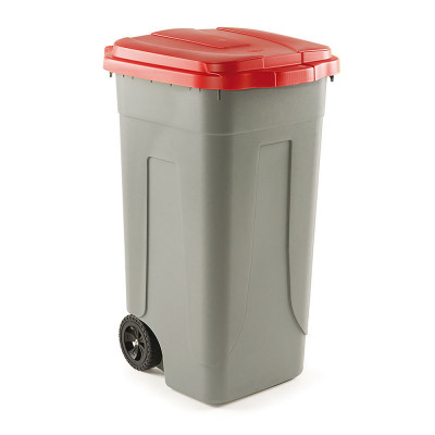 Bidone 100 lt con ruote. Grigio, coperchio Rosso